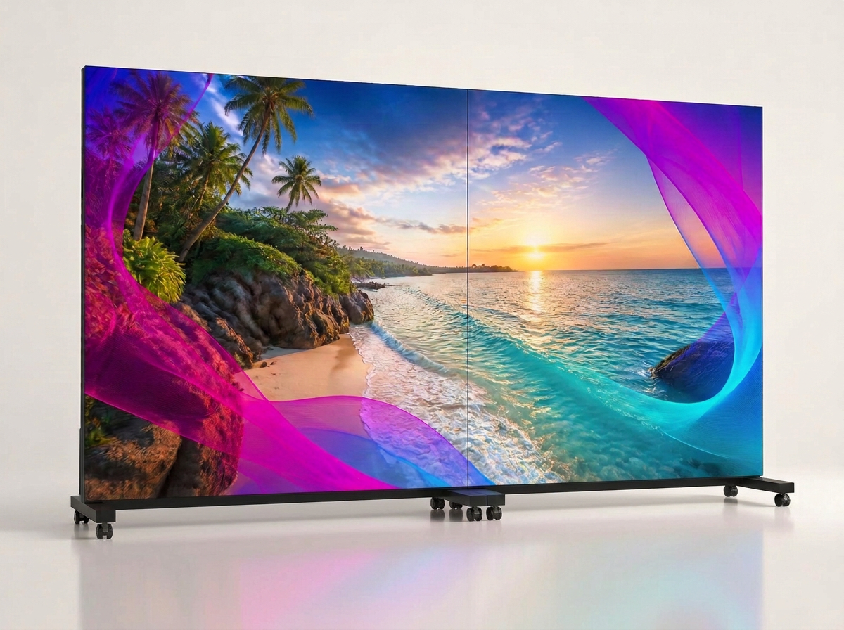 Two MUPI COB P1.56 indoor LED screens joined as a portrait wall