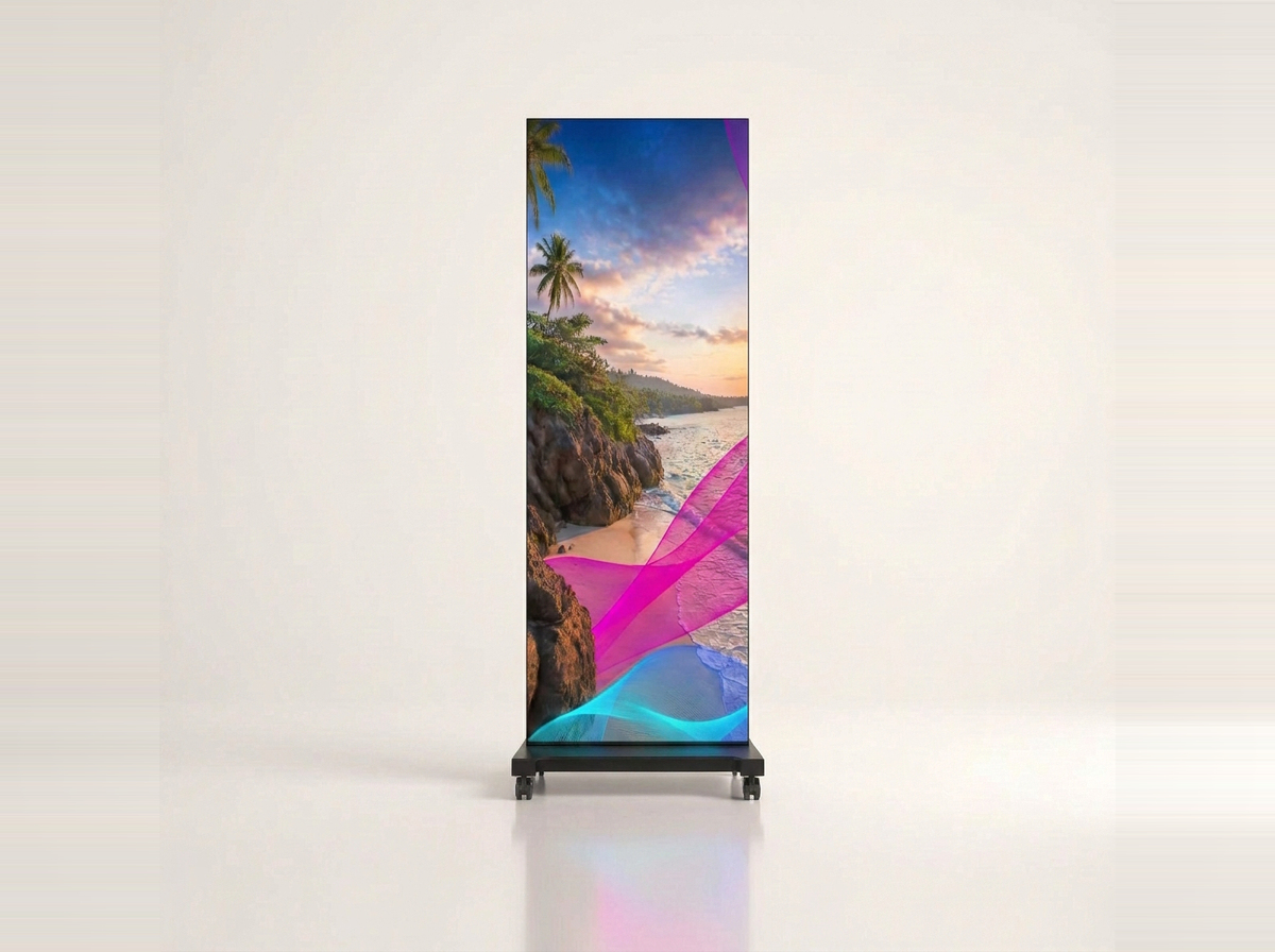 Single MUPI COB P1.56 indoor LED screen on a rolling floor stand