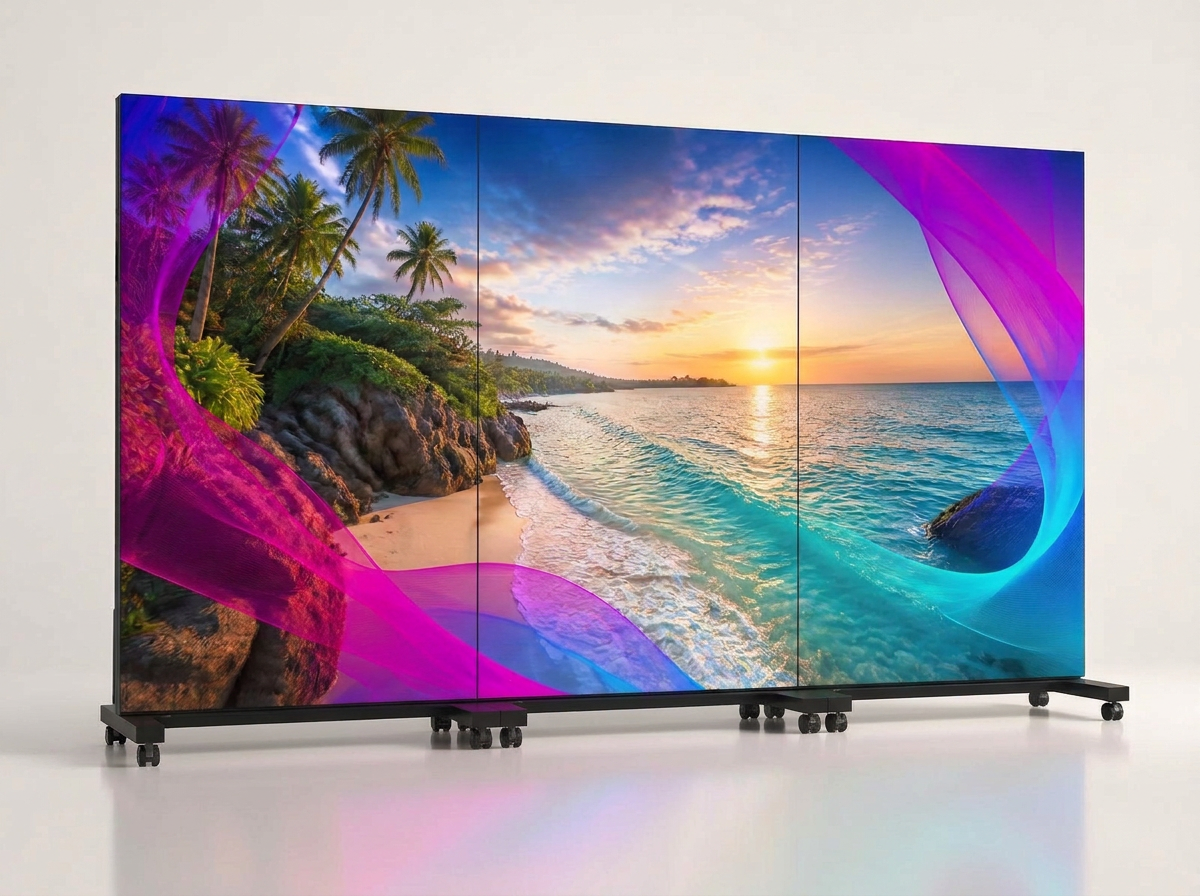 Three MUPI COB P1.56 indoor LED screens joined into a wide portrait wall
