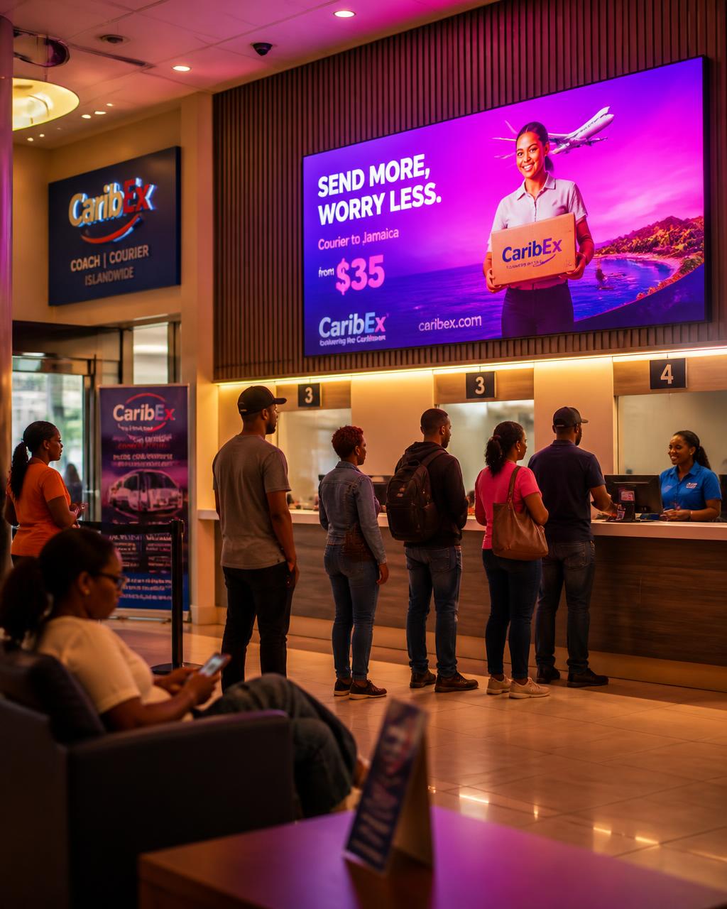 Interior of a Knutsford Express courier lounge with a glowing digital screen above waiting customers