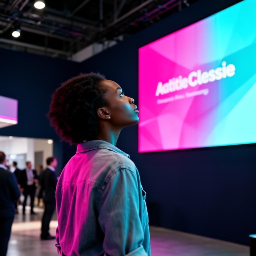 Attendee viewing a vibrant indoor digital advertising screen at an Out of Home event